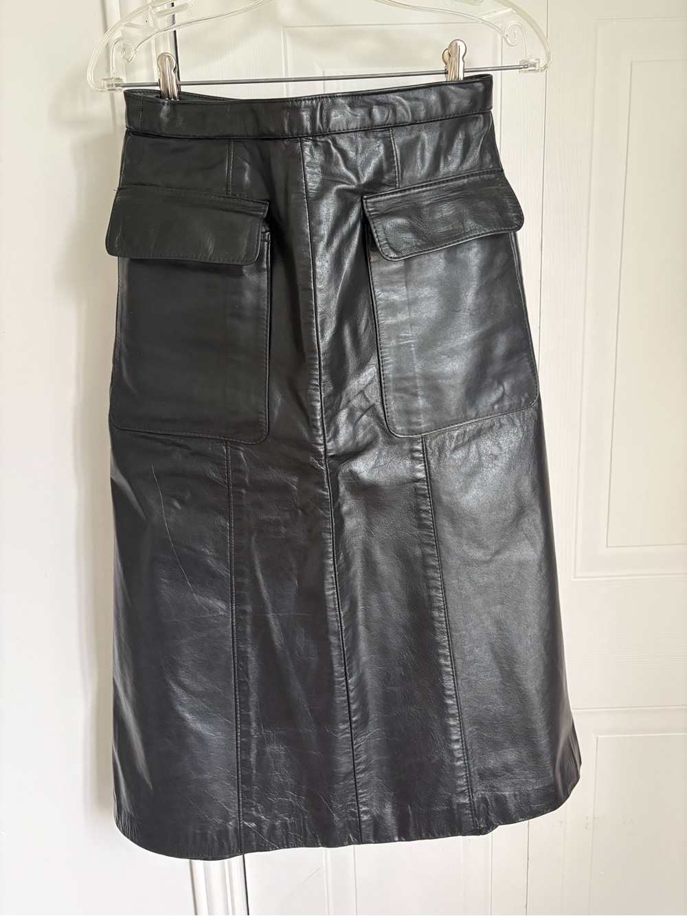 Handmade Black Leather Pocket Midi Skirt